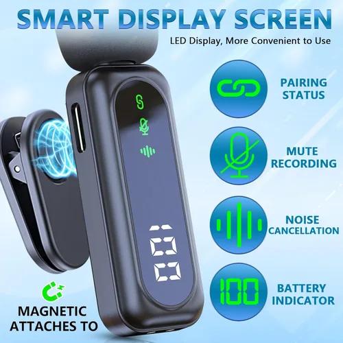 Miniatura 2 de Micrófono inalámbrico mini para iPhone 15 16, iPad, Android, paquete de 2 micrófonos lavalier con pantalla LED y reducción de ruido, micrófono