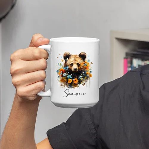 Miniatura 3 de Taza de café de oso – Regalo personalizado para amantes, taza de té de animales salvajes con flores, regalo de cerámica personalizado para amantes