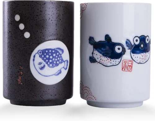 Miniatura 8 de WHJY Juego de 2 tazas de té de cerámica sin asa estilo chino/japonés transicional de 10 oz, patrón de flor de cereza y línea Flower & Line