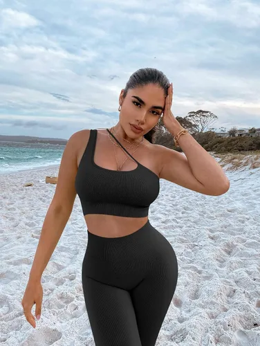 Miniatura 3 de OQQ Conjuntos de entrenamiento de 4 piezas para mujer leggings acanalados de cintura alta con 3 piezas con brasier deportivo