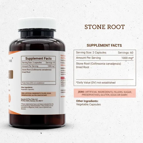 Miniatura 3 de Secrets of the Tribe Stone Root 120 cápsulas, 1000 mg, raíz de piedra cultivada responsablemente (Collinsonia Canadensis) raíz seca (120 cápsulas)