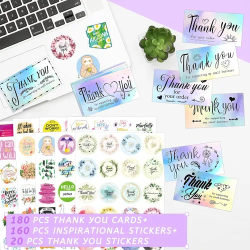 Miniatura 3 de zheyistep Juego de 360 tarjetas de agradecimiento y calcomanías, 180 tarjetas holográficas, 20 calcomanías de agradecimiento para pequeñas empresas