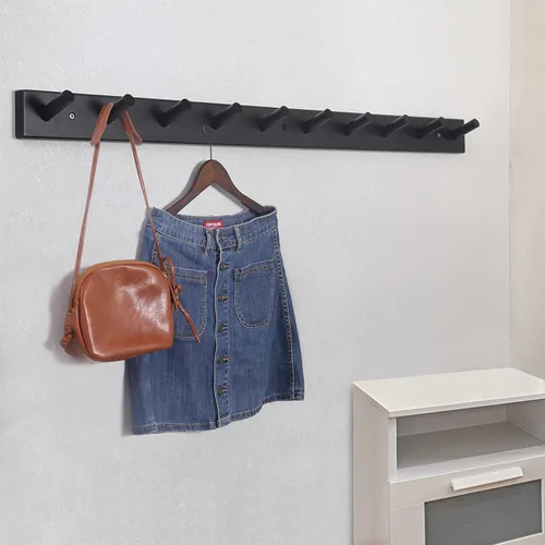 Miniatura 2 de SKOLOO - Perchero de pared de madera con 10 ganchos largos de bambú para colgar mochila, abrigo, toalla o sombrero, con 16 pulgadas de orificio a