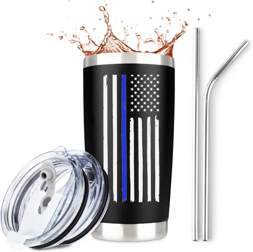 Thin Blue Line - Vaso de policía | Taza de viaje de acero inoxidable que incluye 2 tapas, 2 pajillas, caja de regalo para taza de café, correccional