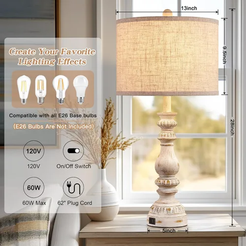 Miniatura 5 de Juego de 2 Lámparas de Mesita de Noche Estilo Granja para Dormitorio con Puertos USB A+C, Lámparas de Mesa Rústicas Vintage de 28" para Sala