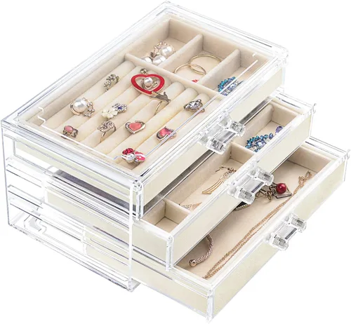 Weiai Joyero acrílico con 3 cajones organizador de joyas de terciopelo aretes anillos collares pulseras vitrina regalo para mujeres niñas beige