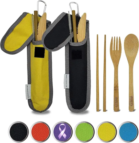 Miniatura 11 de Utensilios de viaje con estuche, tenedor, cuchillo, cuchara, palillos, pajilla, cepillo de limpieza para pajilla, bolsa de viaje y mosquetón, Negro
