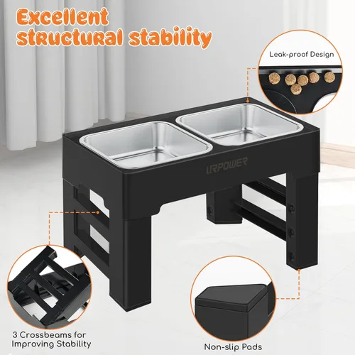 Miniatura 5 de URPOWER Cuencos elevados para perros, soporte elevado ajustable de 4 alturas con 2 cuencos grandes de acero inoxidable para alimentos y agua