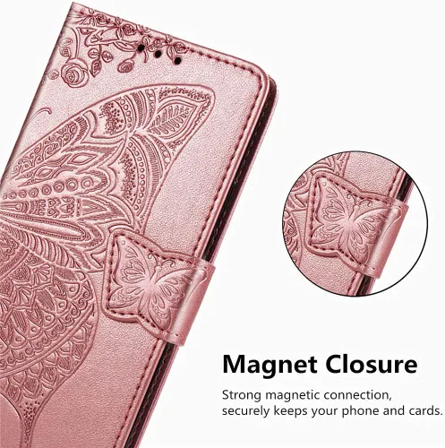 Miniatura 4 de Funda para Samsung Galaxy S21 FE, Samsung S21 FE 5G, piel sintética de alta calidad con diseño de mariposa en relieve, función atril, ranuras