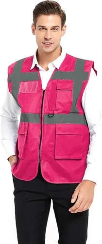 TOPTIE Chaleco de seguridad de alta visibilidad de 5 bolsillos con tiras reflectantes, chaleco de uniforme de trabajo