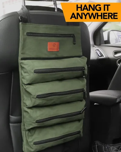 Miniatura 4 de Bolsa enrollable para herramientas, bolsa enrollable multiusos de lona de 16 onzas, organizador con 5 bolsillos para herramientas con cremallera