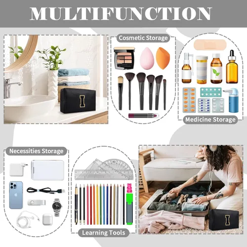 Miniatura 5 de Bolsa de maquillaje personalizada con inicial A-Z, bolsa de cosméticos pequeña de PU con parche preppy y letra de chenilla con cierre para niñas