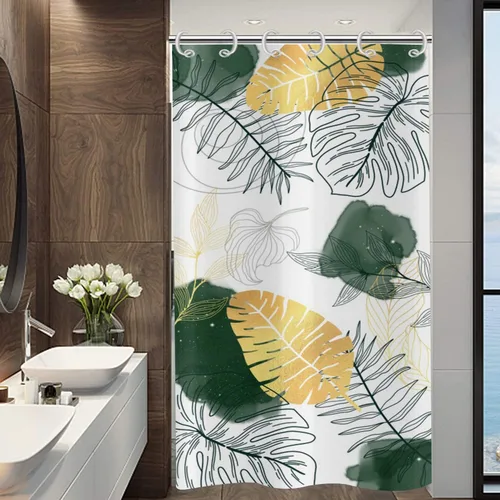 Miniatura 19 de Cortina de ducha bohemia y chic, cortina de baño moderna con hojas tropicales abstractas y ramas botánicas doradas, para decoración del hogar, tela