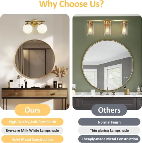 Miniatura 4 de Rayogale Lámparas de baño doradas, ETL 2 luces de tocador sobre espejo con vidrio esmerilado, iluminación suave, apliques de baño de 15 pulgadas