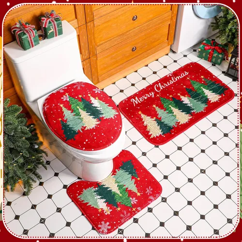 Miniatura 5 de Fanfanwin Juego de 4 piezas de baño de Feliz Navidad con cortina de ducha de árbol de Navidad de 71 x 71 pulgadas, alfombras antideslizantes
