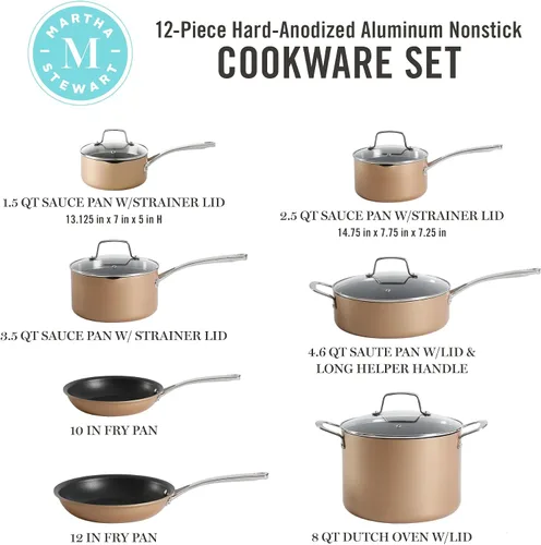 Miniatura 3 de Martha Stewart Juego de 12 Piezas de Utensilios de Cocina Antiadherentes Premium de Aluminio de Calibre Pesado Anodizado Duro, Seguro para Cobre