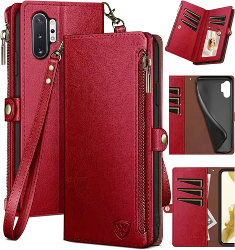 Miniatura 10 de XcaseBar Funda tipo cartera para Samsung Galaxy Note 10 Plus con cremallera y tarjetero de crédito con bloqueo RFID, funda de piel sintética