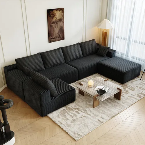 Miniatura 20 de Sofá seccional modular de 139.4", sofás minimalistas en forma de U con 2 otomanas chaise, sofá cama convertible moderno de asiento profundo, tela