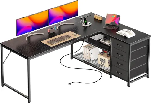 Miniatura 15 de PRAISUN Escritorio en forma de L de 53" con tomas de corriente y puerto USB-C, escritorio reversible de esquina para computadora de oficina con 4