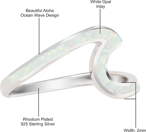 Miniatura 3 de Aloha Jewelry Company Anillo de plata de ley 925 con ópalo creado con olas de playa y océano para mujeres y niñas, alianza de boda Hawaii, sin