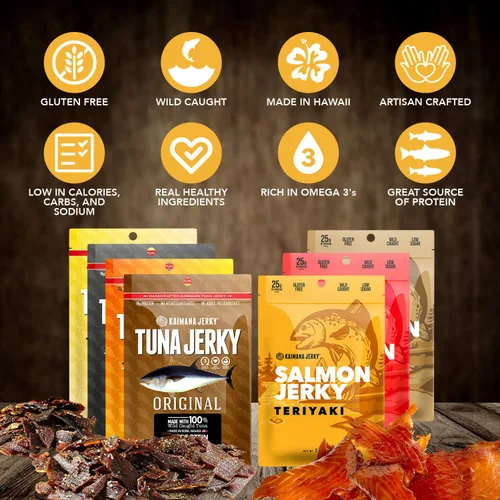 Miniatura 3 de Kaimana Jerky Ahi - Paquete de muestra de atún y salmón - Cecina de pescado totalmente natural y capturada en la naturaleza. Fabricado en Estados