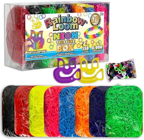 Caja del Tesoro de Rainbow Loom® Edición NEON, 8,000 Bandas de Goma en 8 Colores Neón Diferentes, y un Bono de 2 Happy Looms, Excelentes Actividades