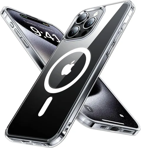 Funda magnética transparente fuerte para iPhone 15 Pro, [nunca amarillea] [compatible con MagSafe] [probada contra caídas de grado militar] a prueba
