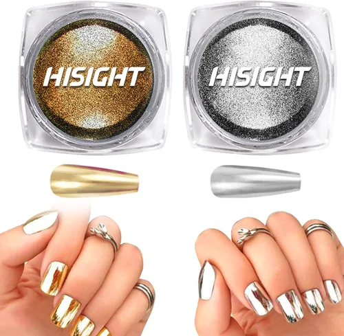 Miniatura 6 de Polvo cromado metálico Hisight 2 piezas de espejo de arte de uñas con purpurina cromada, pigmento en polvo, lentejuelas para uñas, color dorado