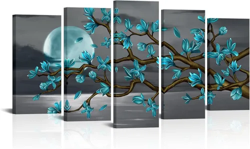 Visual Art Decor Arte de pared de árbol de flores turquesas, lienzo grande enmarcado para sala de estar, dormitorio, decoración de dormitorio verde