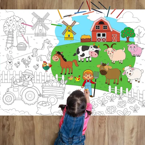 Póster Gigante de Granja para Colorear para Niños Mantel Grande para Colorear Animales Papel de Rollo para Dibujar Libros Hojas Páginas Cubierta de