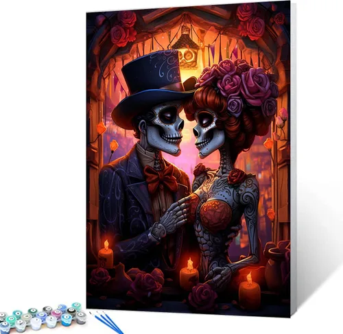 Miniatura 14 de Pintura por números para parejas tomadas de la mano, para adultos, principiantes, Día de los Muertos, Esqueleto, Pintura por números sobre lienzo