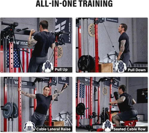 Miniatura 5 de MAJOR FITNESS F22 Power Rack, 1600lbs - Estante para sentadillas todo en uno con sistema de polea doble, marco de acero resistente, accesorios