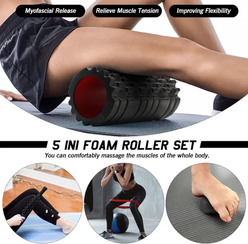Miniatura 6 de JOYENERGY Juego de rodillos de espuma 5 en 1 patentados, barra de masaje, bola de masaje, banda de resistencia para masaje muscular profundo, Negro