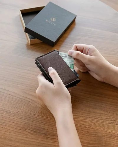 Miniatura 6 de VULKIT Tarjetero RFID Bloqueo de Cuero Automático Pop Up Cartera Aluminio Slim Pocket Tarjeta de Visita