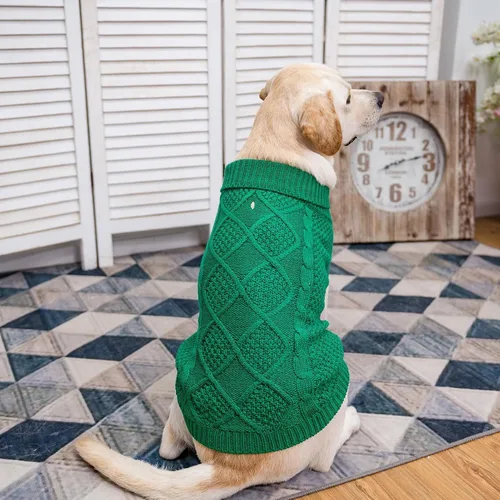 Miniatura 6 de Mihachi Suéter de cuello alto para perro, abrigo de invierno, ropa clásica de punto trenzado con agujero para la correa para clima frío, regalo Verde