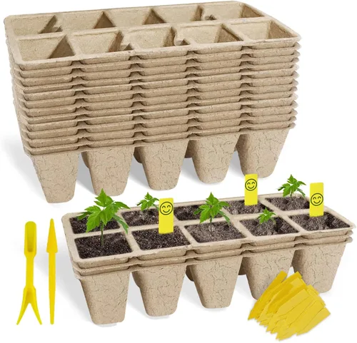 Bandeja de inicio de semillas 100 celdas, macetas de turba biodegradables para plántulas, paquete de 10 vasos cuadrados de pulpa de 1.8 pulgadas con
