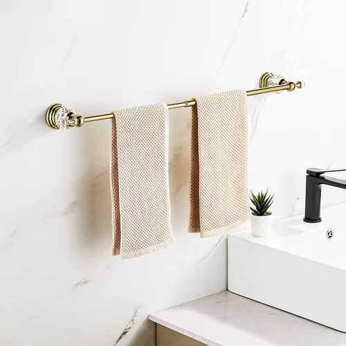 Miniatura 3 de WOLIBEER Accesorios de baño dorados, juego de barra de toalla de cristal de latón, soporte de papel higiénico, toalla, anillo, ganchos para bata, 4