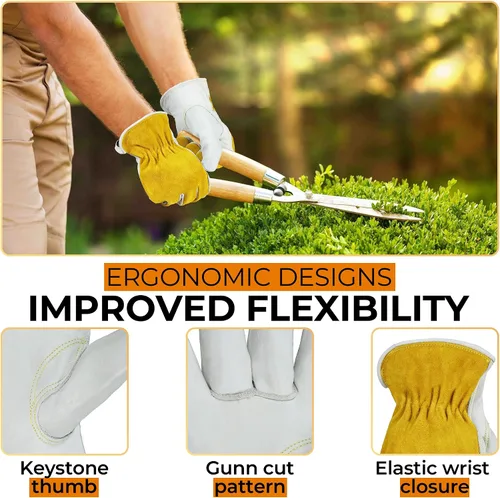 Miniatura 3 de HANDLANDY Guantes de jardinería de cuero para hombre, guantes de trabajo utilitarios para mecánicos, construcción, conductor