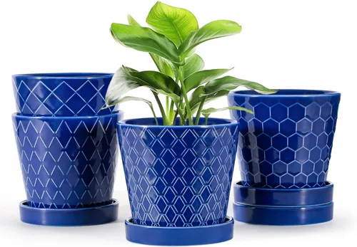 Miniatura 8 de Macetas de cerámica EFISPSS, macetas de 5 pulgadas con agujeros de drenaje y bandeja de cerámica, diseño en relieve para plantas de flores, set