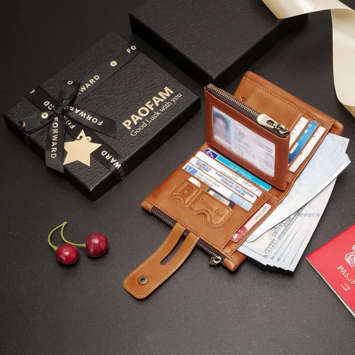 Miniatura 6 de Cartera con cadena, monedero de cuero genuino con bloqueo RFID, doble cremallera, bolsillo para monedas con cadena antirrobo, carteras de cadena a