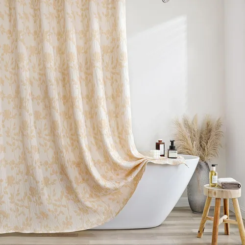 OVZME Cortina de Ducha Extralarga de Oro de 96 Pulgadas de Largo, Tela Suave Texturizada con Flores de Estilo Rústico, Cortina de Ducha Boho