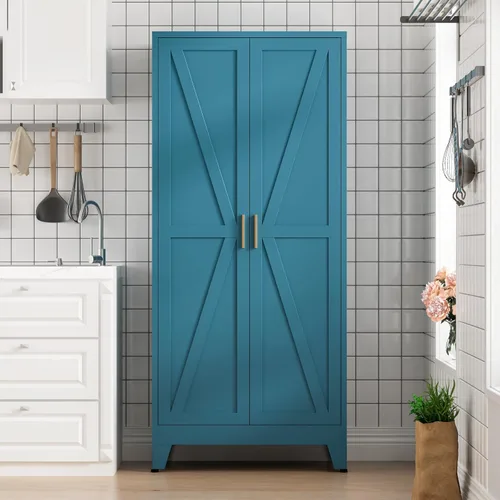 Miniatura 2 de COFaR Home Farmhouse - Armario de almacenamiento con 2 puertas de granero, armario alto de despensa de cocina con 3 estantes ajustables, para Azul