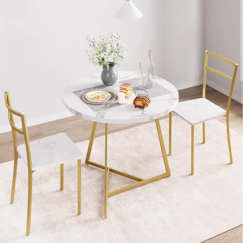 Miniatura 2 de SLKEVERSA - Juego de mesa de comedor pequeña para 2, mesa de cocina circular con 2 sillas tapizadas y respaldo, juego de mesa redonda de 3 piezas