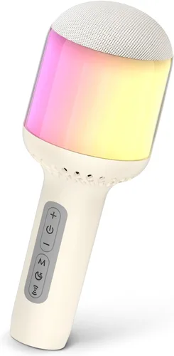 Micrófono de karaoke inalámbrico Bluetooth con luces dinámicas, micrófono de mano portátil, 6 efectos de sonido, batería de 10 horas, perfecto para
