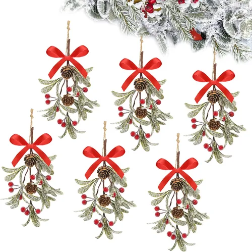 Miniatura 19 de Giegxin 1 pieza Adorno de Navidad Artificial de Muérdago Colgante con Lazo Rojo Bouquet de Adornos Colgantes de Navidad Floral con Piñas Naturales