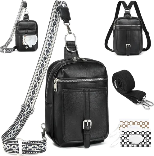 Miniatura 19 de Bolso Bandolera Mochila Cruzada - 2 en 1 Bolso Cruzado de Cuero Riñonera con 2 Correas Extraíbles Mini diaper bag Café