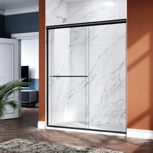Miniatura 9 de ELEGANT Puerta corredera doble de ducha de 60 pulgadas de ancho x 72 pulgadas de alto, puertas de cristal de ducha de baño semi-marco, vidrio Negro