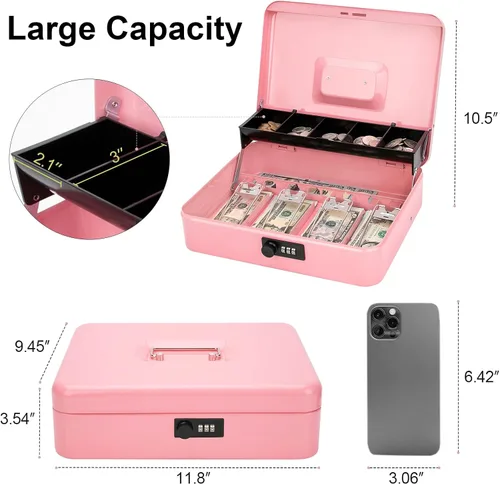 Miniatura 2 de Jssmst Caja de Efectivo con Bandeja de Dinero y Cerradura - Caja de Efectivo Rosa con Cerradura de Combinación Segura Grande, Caja Registradora