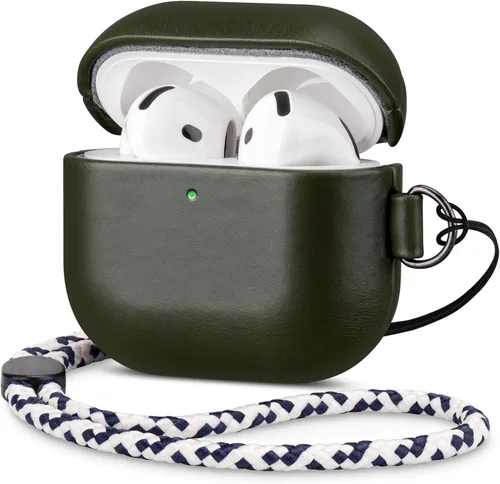 Miniatura 29 de Maogoam Funda de cuero genuino para AirPods Pro 2, botón de sincronización, diseño de clip en D con cordón de mano, funda de cuero encerado