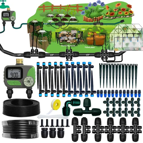 Miniatura 11 de Kit de riego por goteo Sistema de riego automático con temporizador de agua de 64 pies con tubo de 1/4 y 12 boquillas de riego de lluvia en 4